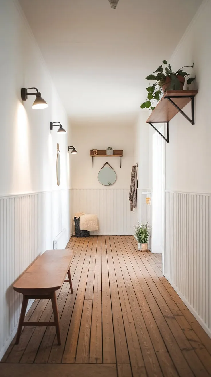 This bright and airy hallway embodies Scandinavian design at its finest. Clean lines, natural light, and a few thoughtfully chosen pieces-a bench for resting, a shelf for displaying treasured items-create a space that feels both calming and inviting. A true testament to less is more.