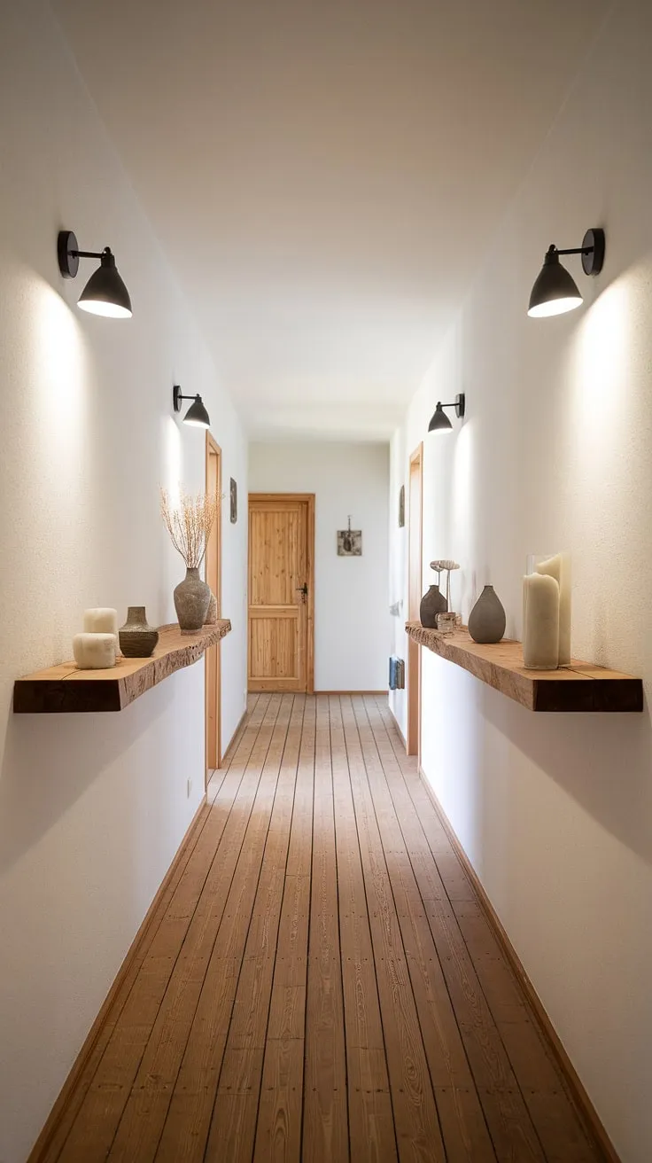 A serene hallway, bathed in the soft glow of wall lights, showcases the beauty of Scandinavian simplicity. The light wood floors and shelves, adorned with carefully chosen vases and candles, create a welcoming atmosphere. A quiet space, perfect for contemplation, leading to a mysterious wooden door.