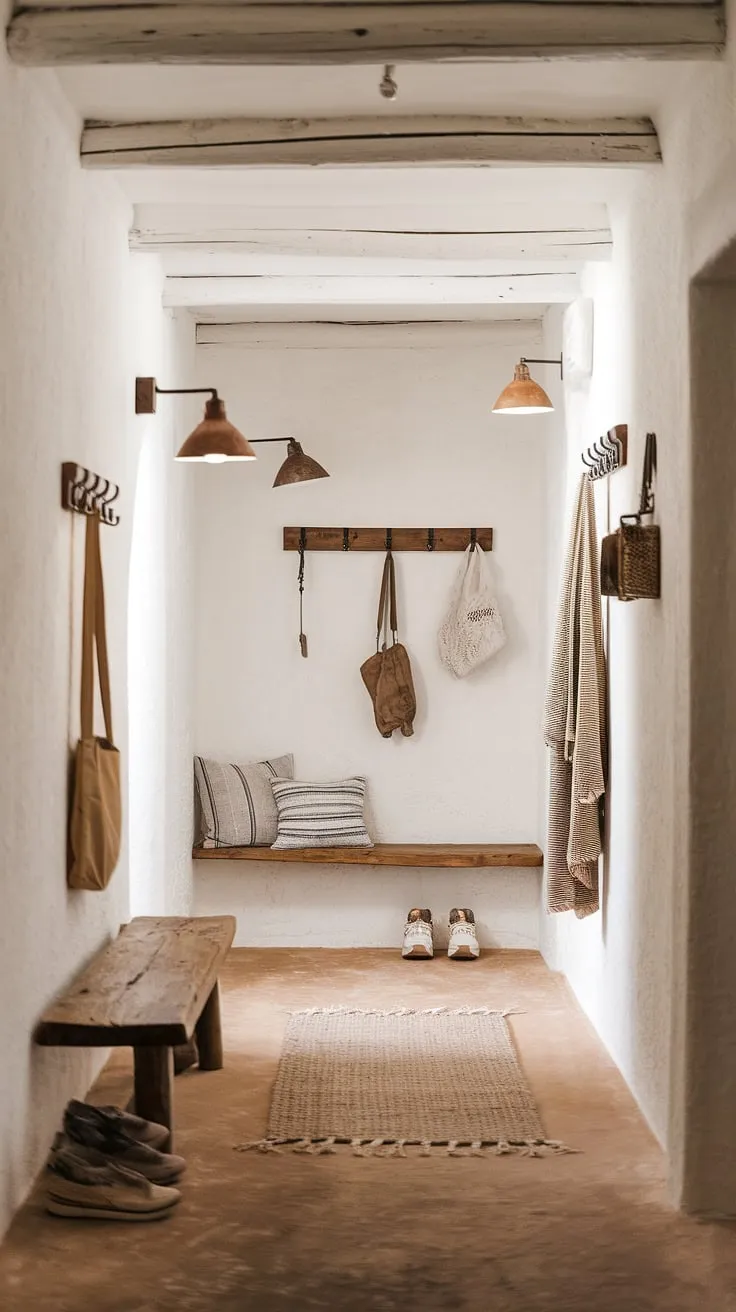 A tranquil hallway, bathed in the soft light of Scandinavian design. The whitewashed walls, adorned with simple hooks, and the rustic wooden bench invite a moment of peaceful pause. A textured floor and woven rug add warmth underfoot, creating a space that is both inviting and effortlessly stylish. A true reflection of understated elegance.