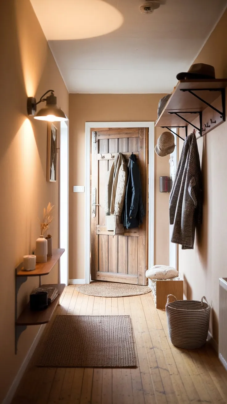 This hallway is a testament to the beauty of simplicity. A neutral beige wall, light wood floors, and functional furniture create a space that feels both welcoming and effortlessly stylish. The thoughtful placement of a wall lamp and the practical storage solutions showcase a commitment to both aesthetics and functionality. A perfect blend of form and function.