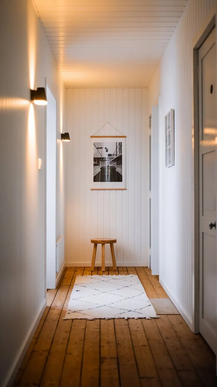 The soft glow of the wall lights illuminates the calm Scandinavian simplicity of this hallway; a wooden stool sits quietly beside a fluffy white rug, a black and white photograph adding a touch of personality to the otherwise minimalist space. The clean lines and warm wood create a cozy and inviting atmosphere.