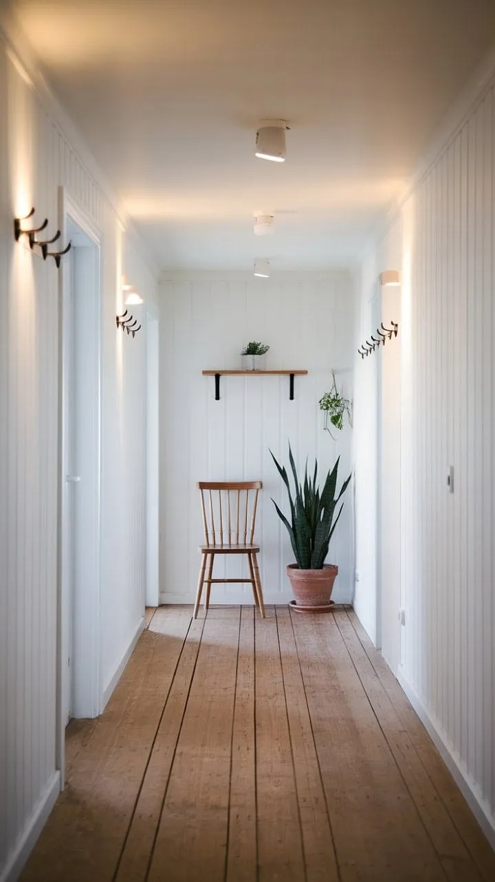 Bathed in natural light, this serene Scandinavian hallway embodies minimalist elegance, where every element harmoniously enhances the tranquil atmosphere.