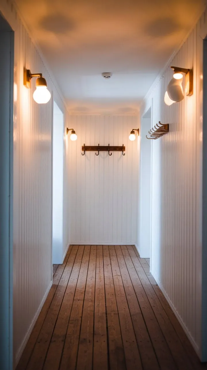 Bathed in soft light and minimalist elegance, this Scandinavian hallway invites serenity and contemplation with its pristine whites and polished wood.
