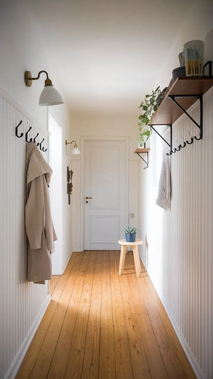 A serene minimalist hallway, adorned with natural materials and gentle lighting, invites warmth and personality while perfectly balancing practicality and tranquility.