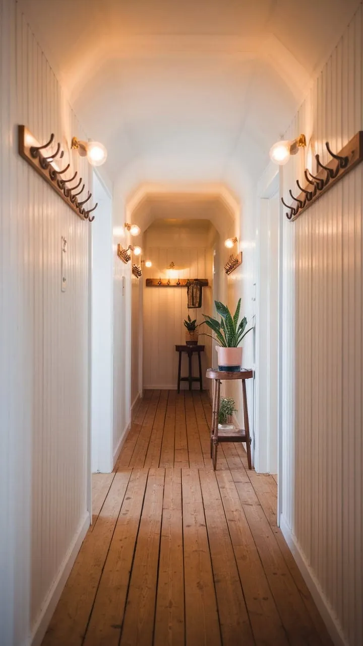 This Scandinavian hallway exudes understated luxury, where soft lighting and curated details create a serene retreat.