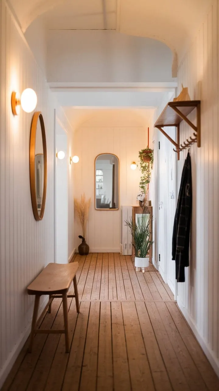 Bathed in warm light, this Scandinavian hallway exudes a serene elegance, inviting tranquility and reflection amidst its minimalist charm.