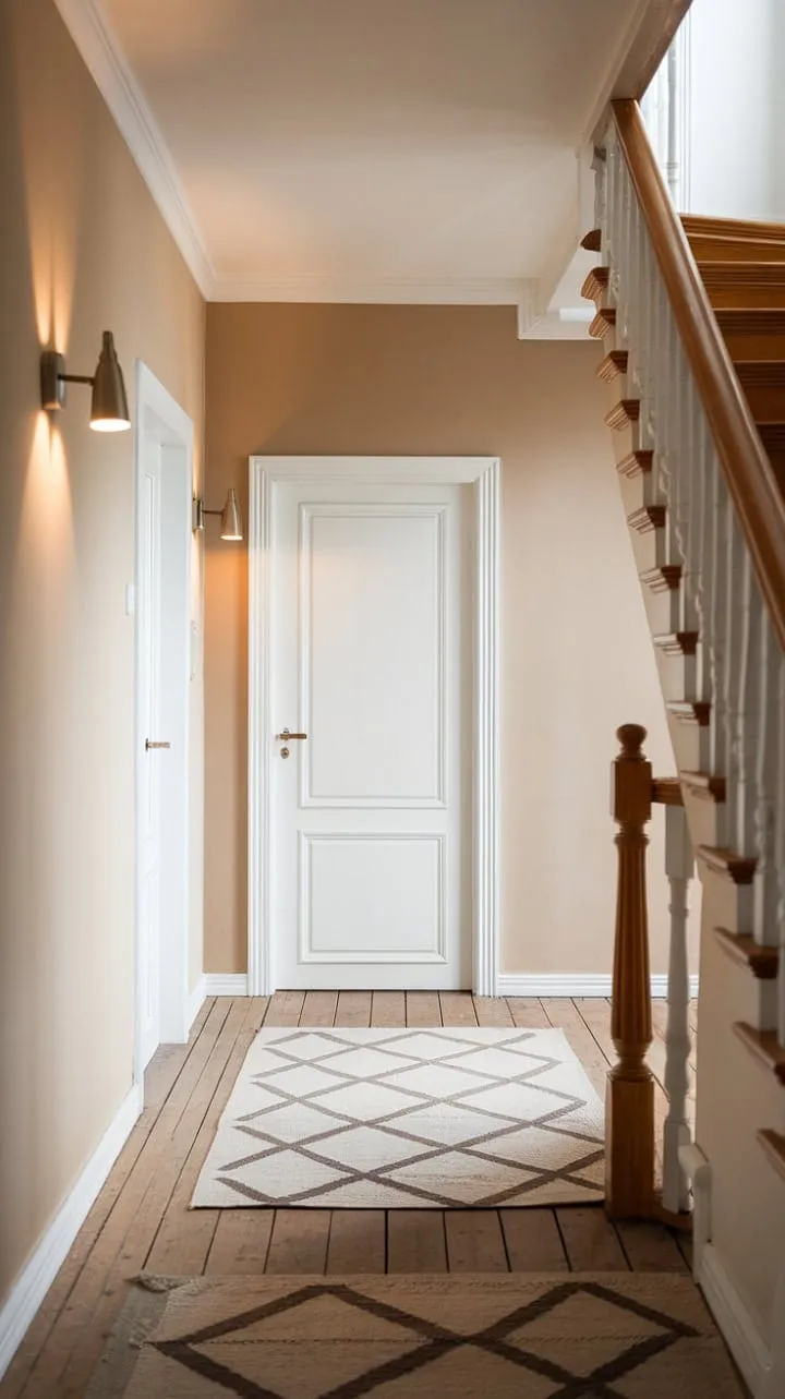 In this serene Scandinavian hallway, soft light dances on pale walls and a geometric rug, inviting you through a subtly framed white door into a world of understated elegance.