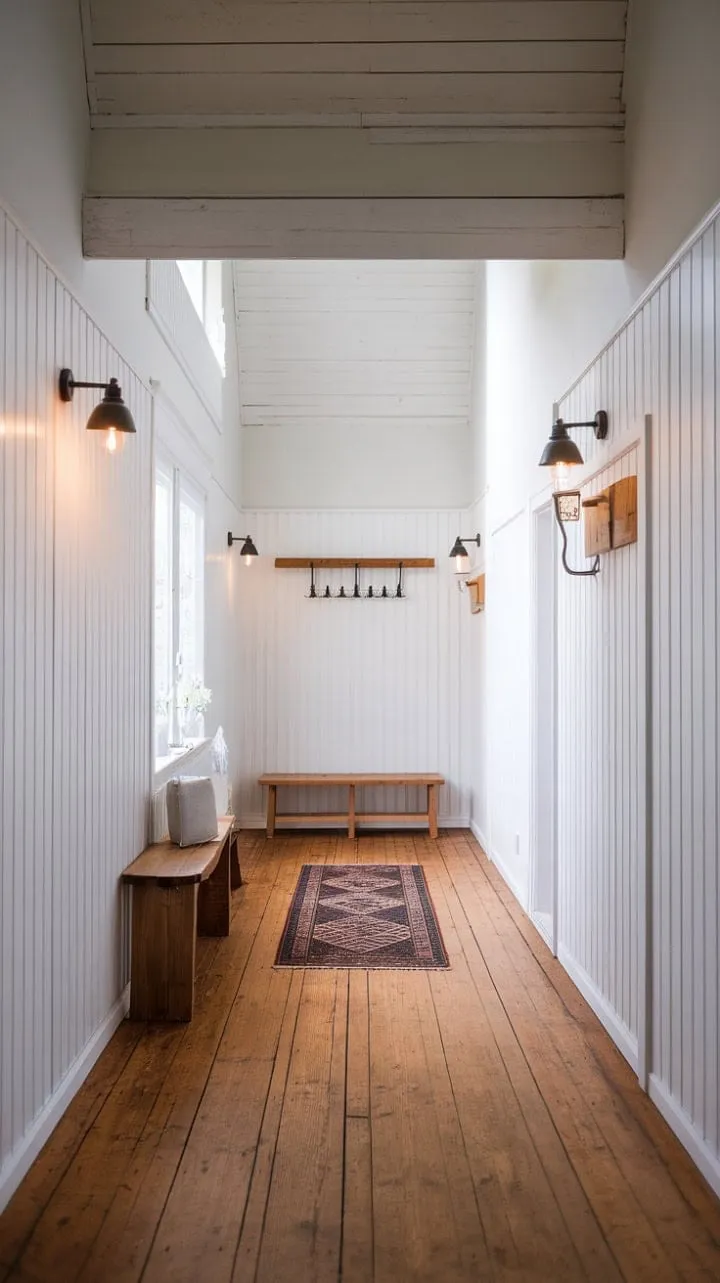 Bathed in soft light and adorned with natural wood and white paneling, this Scandinavian hallway exudes a tranquil elegance that invites you to linger in its serene embrace.