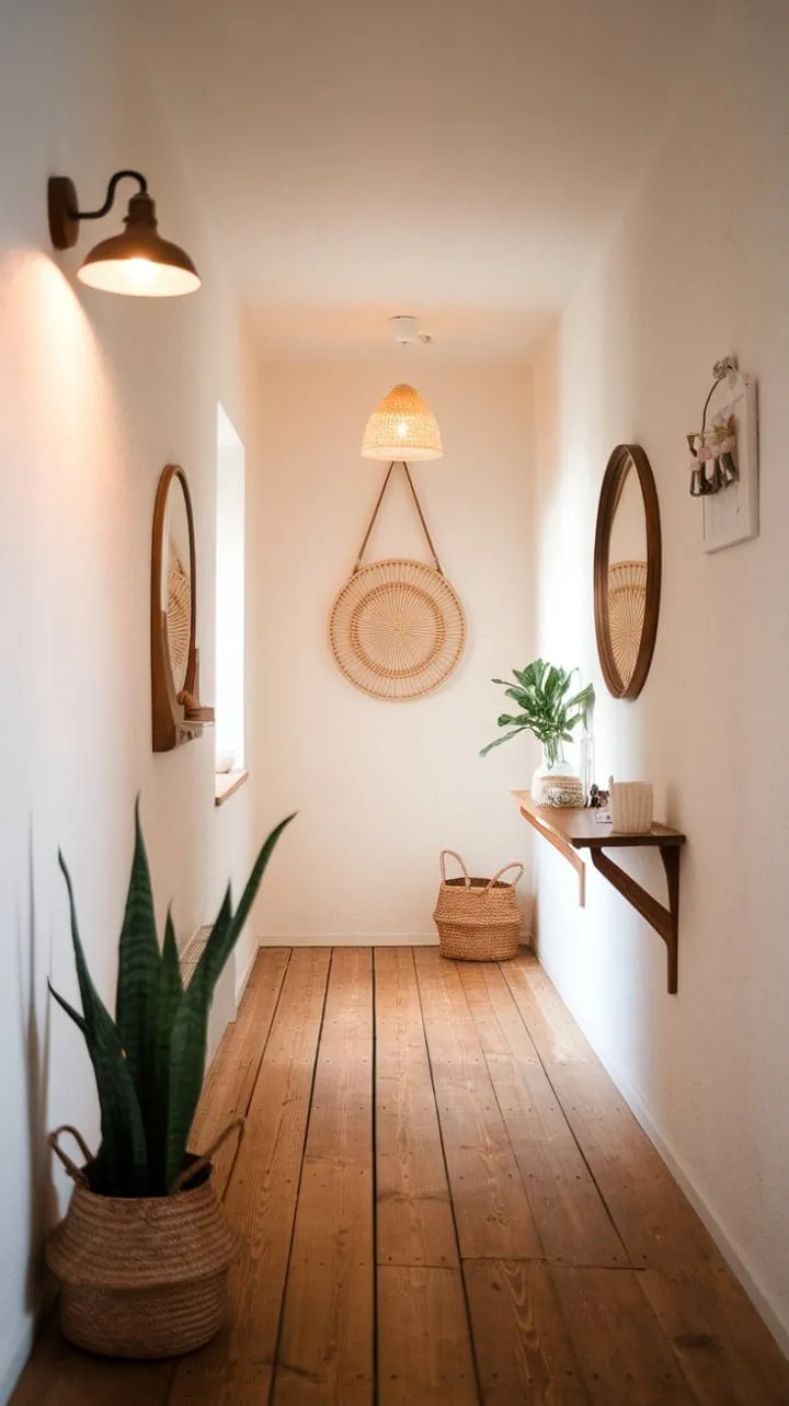 In this Scandinavian hallway, the soft glow of lights and a vibrant green plant create a serene sanctuary that beautifully balances simplicity and personality.