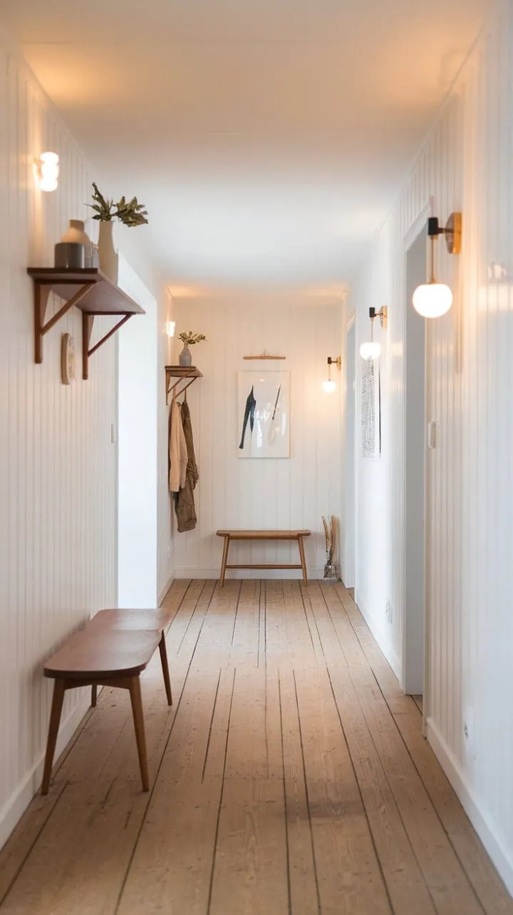 A tranquil Scandinavian hallway, illuminated by soft wall lights, beckons with its minimalist charm and harmonious blend of natural wood and curated details.