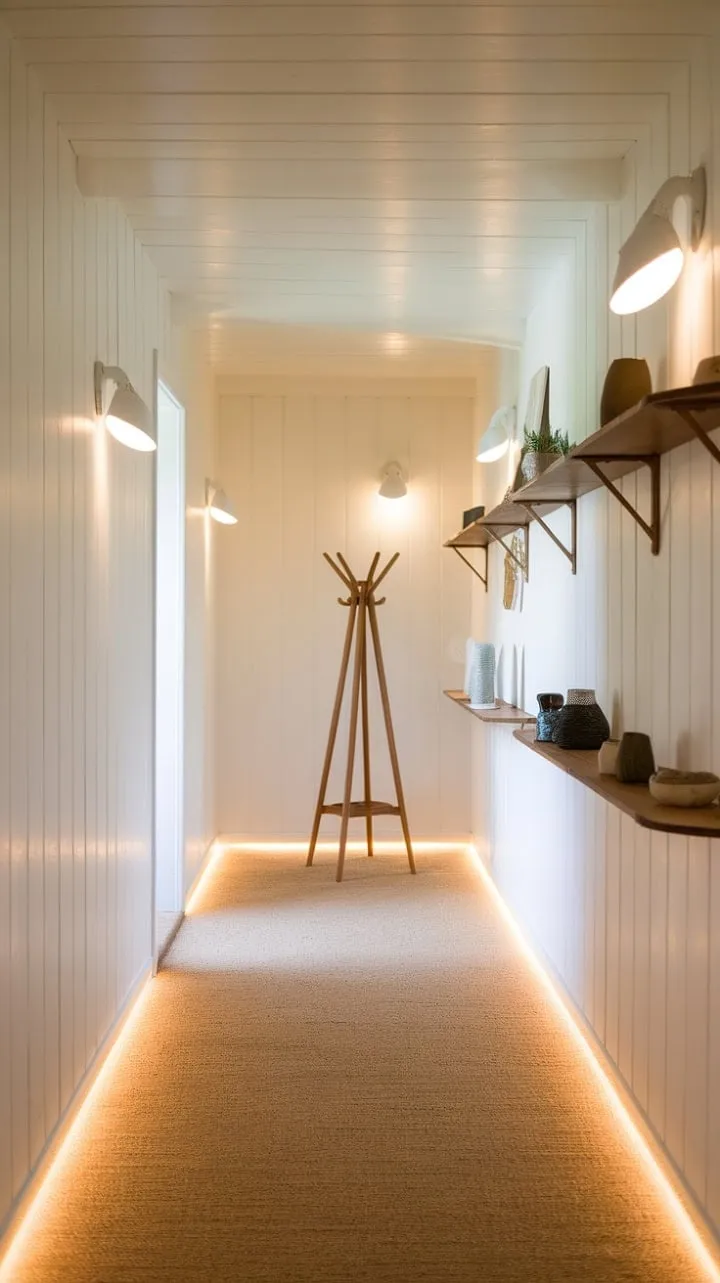 The Scandinavian hallway exudes a serene charm, where soft sconces illuminate pale wood and creamy carpet, blending simple lines with natural materials for a tranquil ambiance.