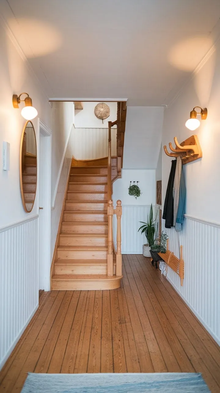 In this Scandinavian hallway, warm light and handcrafted details harmoniously blend to create a serene sanctuary of understated elegance.