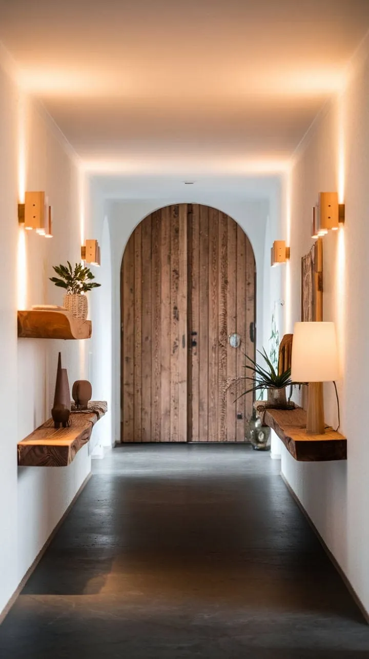 This Scandinavian hallway masterfully blends dark grey flooring, white walls, and rich wooden accents to create a sophisticated yet inviting ambiance, enhanced by subtle lighting and lively decor.