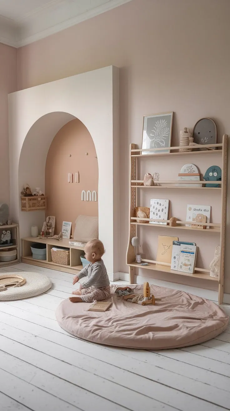 A serene Scandinavian-inspired nursery, designed for shared sibling slumber and playful learning. The low floor bed, built-in reading nook, and thoughtfully curated shelves create a calming space where childhood adventures unfold. A perfect blend of minimalist aesthetics and Montessori principles, fostering independence and a love of reading from day one.
