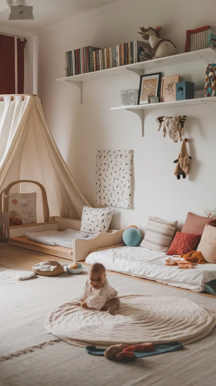 A harmonious blend of Scandinavian minimalism and Montessori design, this small but perfectly formed bedroom effortlessly accommodates two young children. The clever use of space, including a low floor bed and a charming reading nook, promotes independence and sibling bonding, creating a calm and inviting atmosphere for everyone.