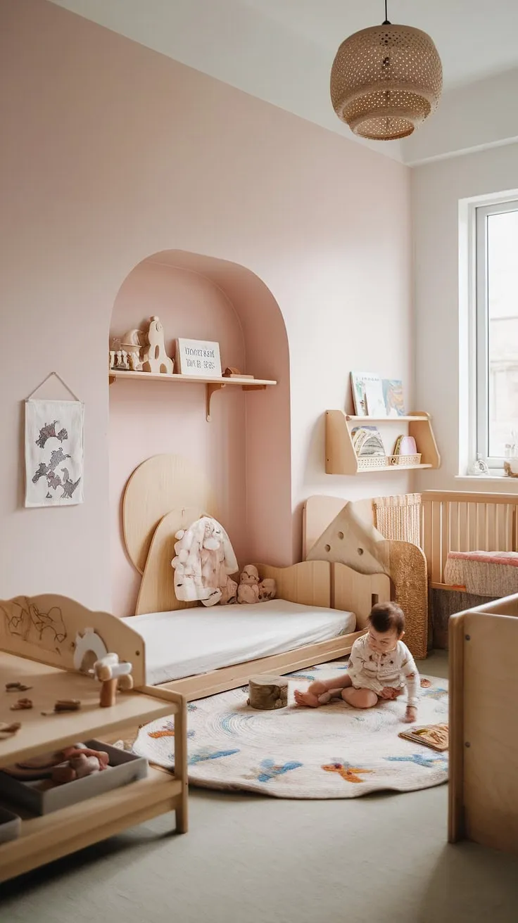 A haven of calm and playful learning: this Scandinavian-style shared bedroom seamlessly blends Montessori principles with toddler-friendly design. The floor bed, reading nook, and thoughtfully curated toys create a space where siblings can thrive and explore independently, fostering a sense of peace and wonder. A perfect blend of functionality and beauty.