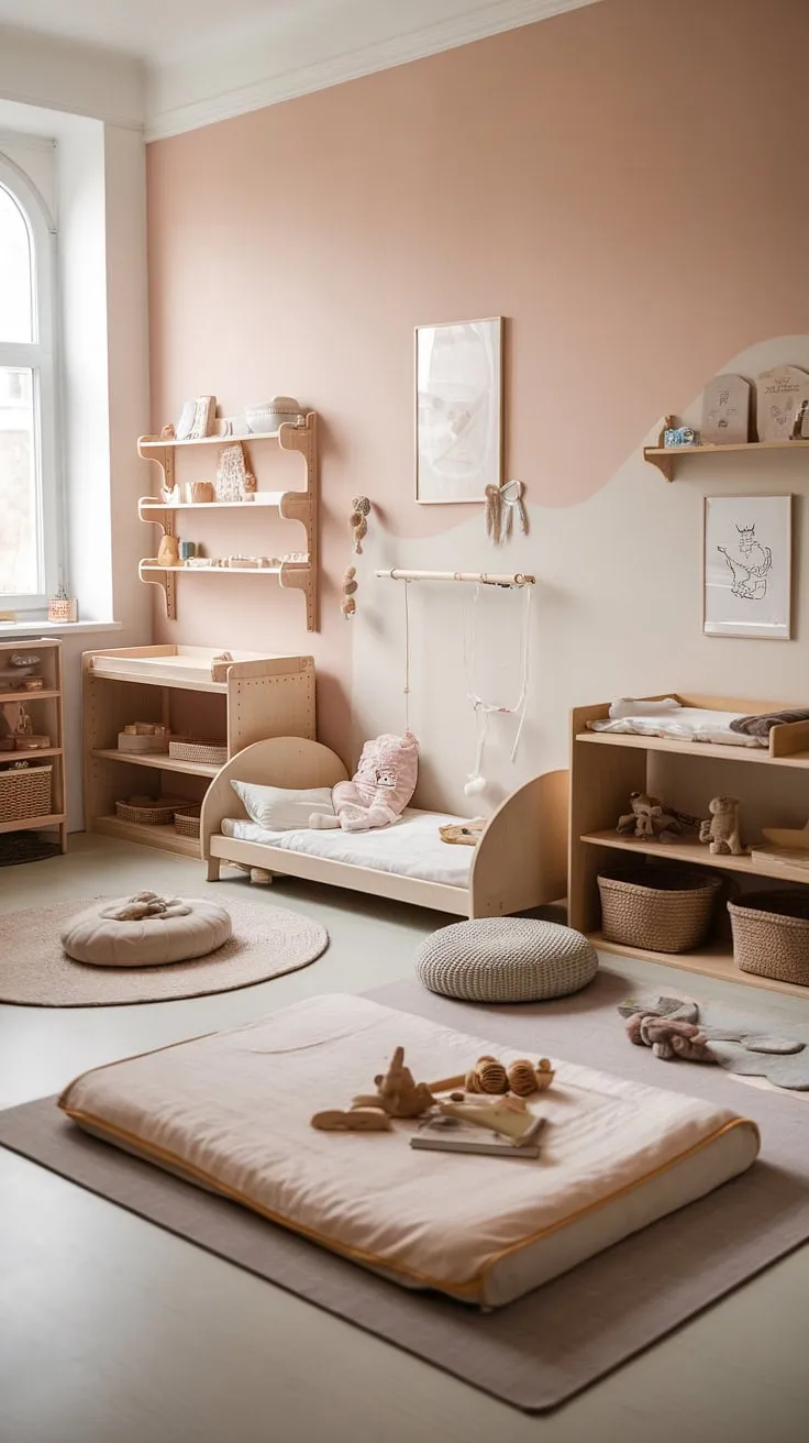 Soft pastel hues and natural light bathe this thoughtfully designed Montessori nursery for a one-year-old. A floor bed encourages freedom of movement, while curated shelves and a cozy reading nook stimulate learning and imagination. The dedicated sibling area ensures a harmonious environment for shared play, creating a space where childhood unfolds naturally and beautifully. A true testament to mindful design.