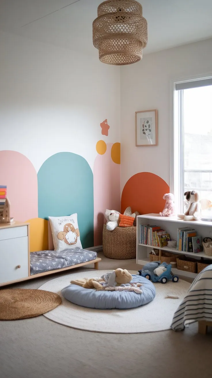 Cozy and functional, this Scandinavian-style nursery seamlessly blends a Montessori floor bed for our one-year-old with a dedicated reading nook and thoughtful sibling-sharing space, all within a compact room shared with the parents. The colorful theme creates a playful yet calming atmosphere, perfect for fostering independence and connection. A testament to mindful space planning and a love for simple, beautiful design. A truly inspiring space for growth and development.