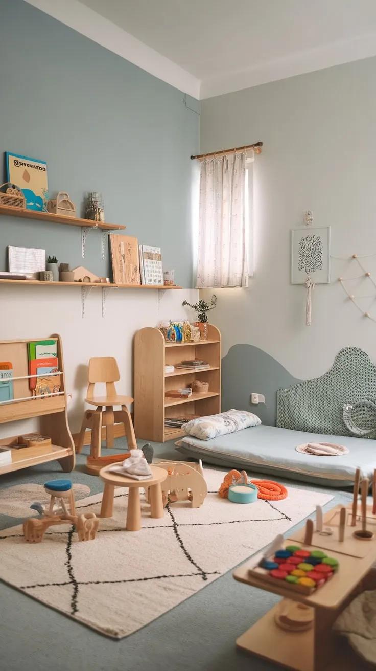 Light, airy, and brimming with possibilities: our little one's Montessori nursery is a testament to the power of simple, beautiful design. A carefully curated collection of toys, books, and natural materials encourages exploration and self-directed learning. The calming color palette and cozy floor bed create a safe and stimulating environment, fostering a love of learning from day one. A truly special space for our growing child.