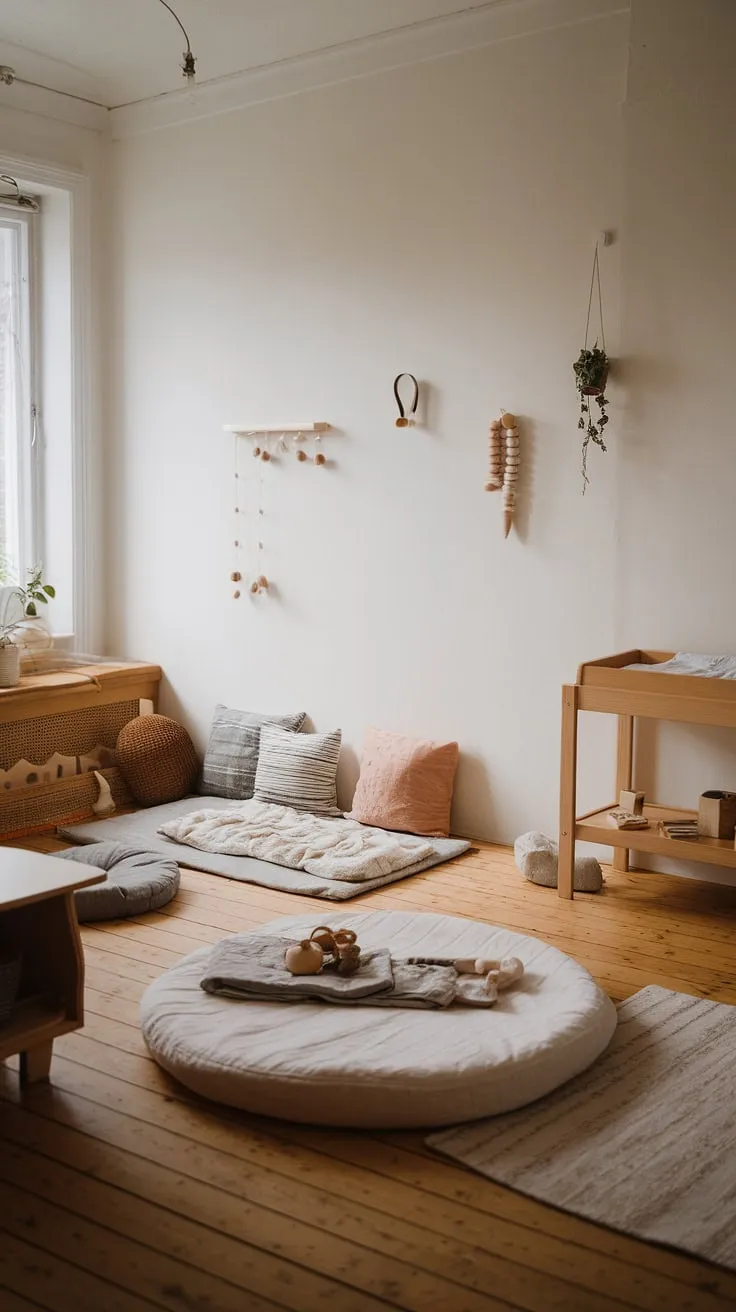 A haven of calm and natural light, this Scandinavian-style Montessori nursery nurtures independent play and restful sleep. The low floor bed, thoughtfully placed changing table, and cozy reading nook create a space where a one-year-old can explore and thrive, fostering a sense of security and wonder. A perfectly designed environment for early childhood development.