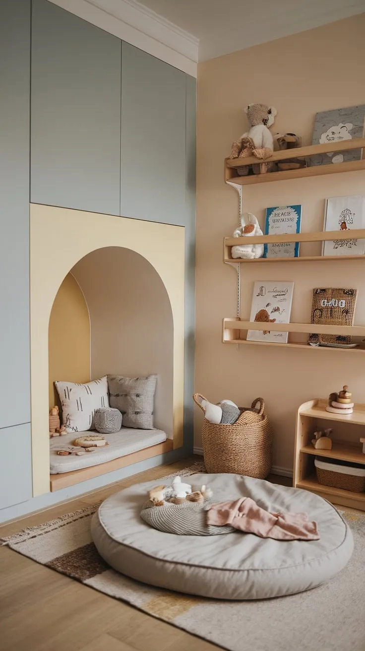 A calming Scandinavian-style nursery, perfect for a one-year-old's development. The low floor bed, cozy reading nook, and thoughtfully organized shelves create a safe and stimulating space, maximizing functionality in a small room. Natural light and soft hues promote a peaceful atmosphere, fostering a love of learning and play. A carefully curated selection of toys and books encourages exploration and imaginative play.