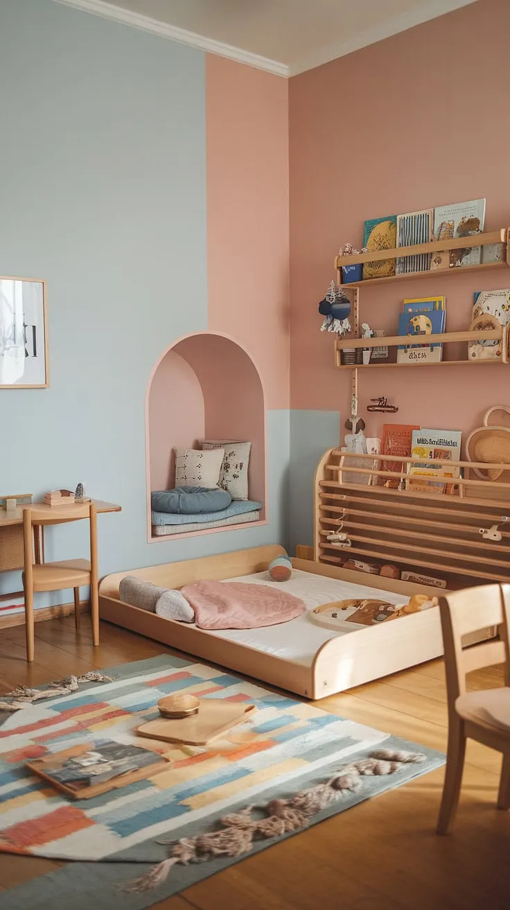 This thoughtfully designed Montessori nursery for a one-year-old is a testament to the power of simple, beautiful spaces. The calming pastel walls, natural wood furniture, and vibrant play area encourage independent play and exploration. With a focus on sensory stimulation and age-appropriate activities, this room provides the perfect environment for a child to grow and learn.