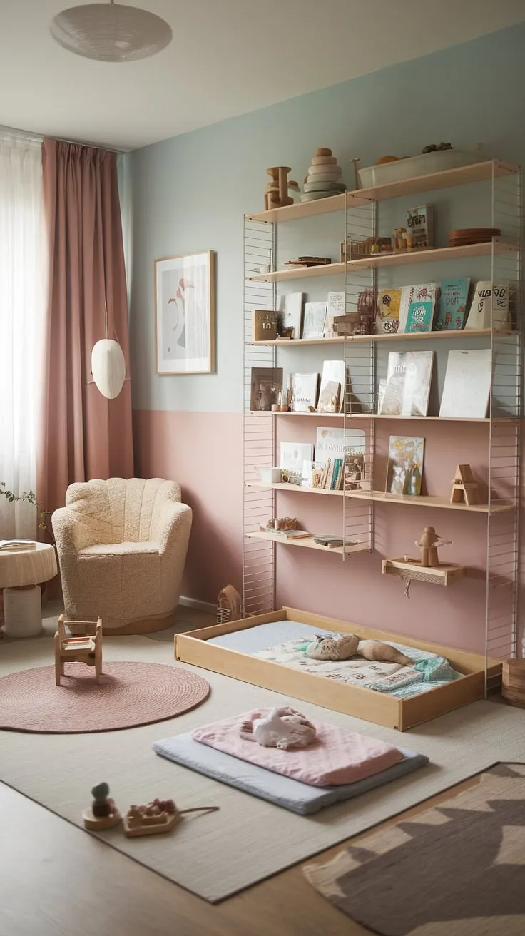 Quiet moments and playful discoveries fill this Scandinavian-style Montessori nursery. With a focus on natural light, simple aesthetics, and child-led learning, we've created a space where our one-year-old and toddler can thrive. The carefully chosen toys and books encourage imagination and development, while the calming atmosphere promotes rest and relaxation. A perfect blend of functionality and beauty.