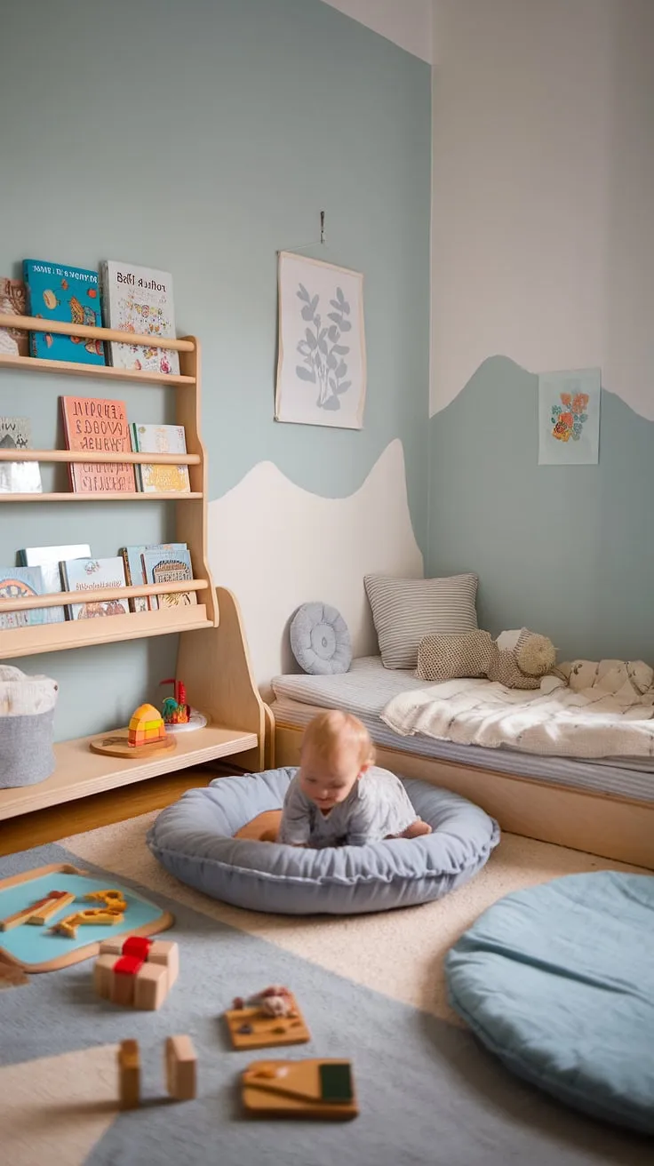 A haven of calm and learning, this Scandinavian-style Montessori nursery nurtures the natural curiosity of our toddler and one-year-old. The thoughtfully curated space, with its soft blue walls and natural light, encourages independent play and exploration, fostering a love of reading and a sense of peace. Wooden toys, a cozy reading nook, and low beds create a child-centered environment where learning and rest blend seamlessly.