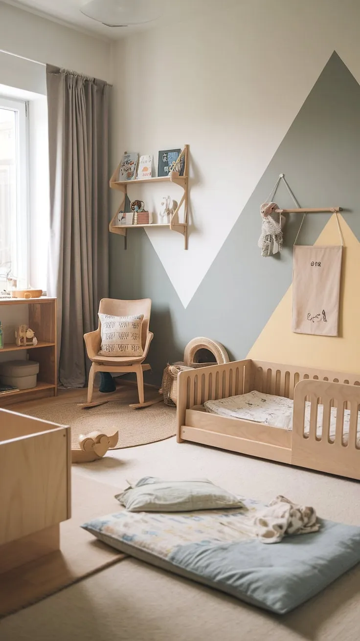 A haven of calm and playful learning, this Scandinavian-style Montessori nursery fosters independence and shared sibling connection. The thoughtfully designed space, with its low beds, dedicated reading nook, and natural light, allows for both quiet contemplation and energetic exploration. Each child has their own designated area, promoting a sense of ownership and individual growth, while the shared elements encourage collaboration and bonding.