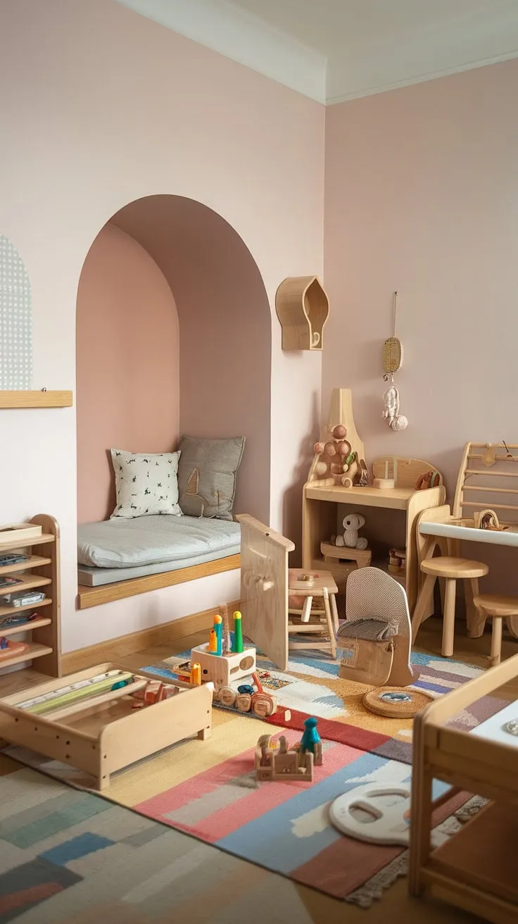 This cozy and functional Montessori nursery for a one-year-old seamlessly blends Scandinavian minimalism with a playful spirit. Natural light floods the space, illuminating the carefully curated selection of toys and the inviting floor bed. A dedicated reading nook adds a touch of magic, creating a nurturing environment where learning and bonding come naturally. A space designed for shared exploration and quiet moments of connection.
