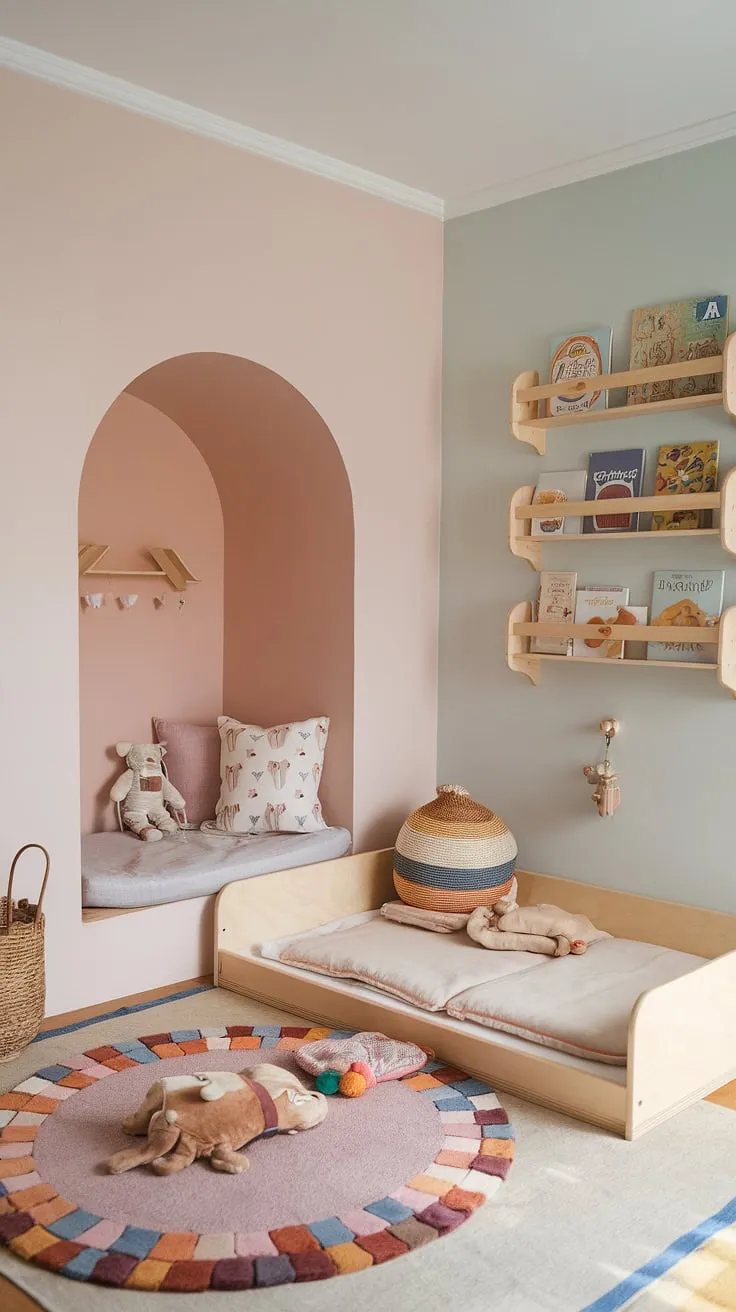 Soft hues and natural materials define this toddler's serene Montessori sanctuary. A carefully chosen collection of toys and books encourages exploration and independent play, while the comfortable floor bed and reading nook provide a sense of security and comfort. A space designed for growth and wonder.