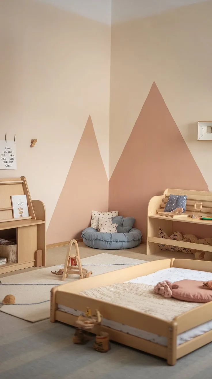 A haven of calm and playful learning, this Scandinavian-style Montessori nursery is designed for shared exploration. The low floor bed, soft rug, and thoughtfully chosen wooden furniture create a space where two little ones can thrive, fostering independence and a love of learning from the earliest days. A quiet reading nook offers a peaceful retreat for story time.