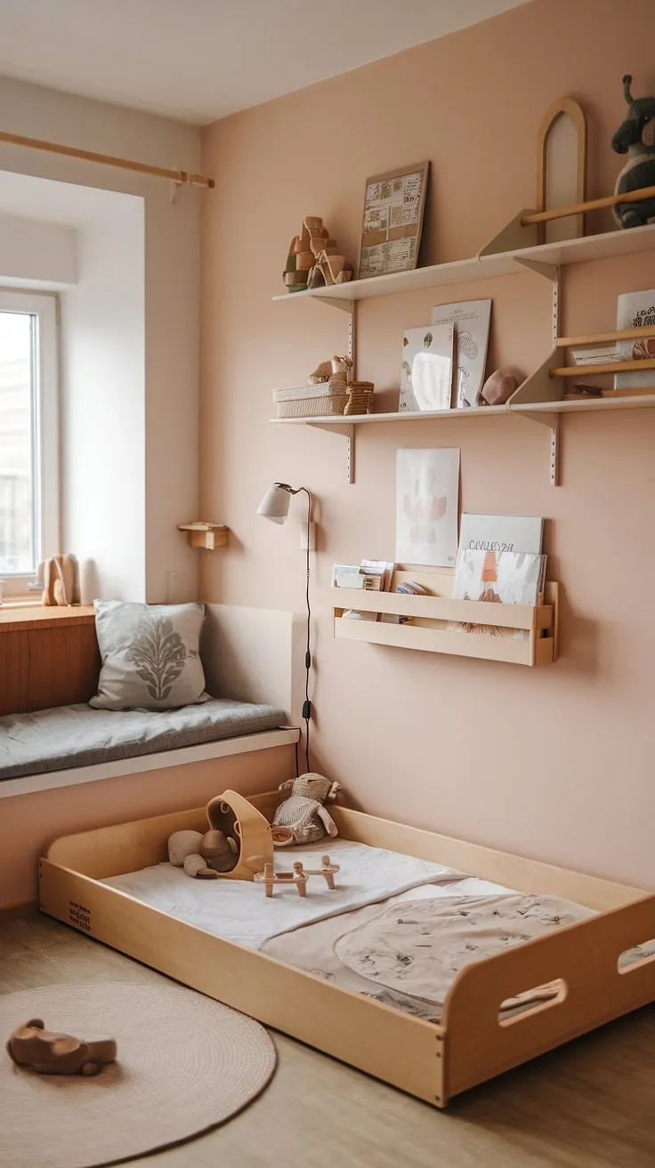 Soft pastels and natural light bathe this cozy Montessori nursery for a one-year-old in gentle warmth. A low wooden bed, carefully chosen toys, and a dedicated reading nook foster a sense of calm and encourage independent play. A space designed for growth, it's a testament to the beauty of simplicity and the power of child-led learning.