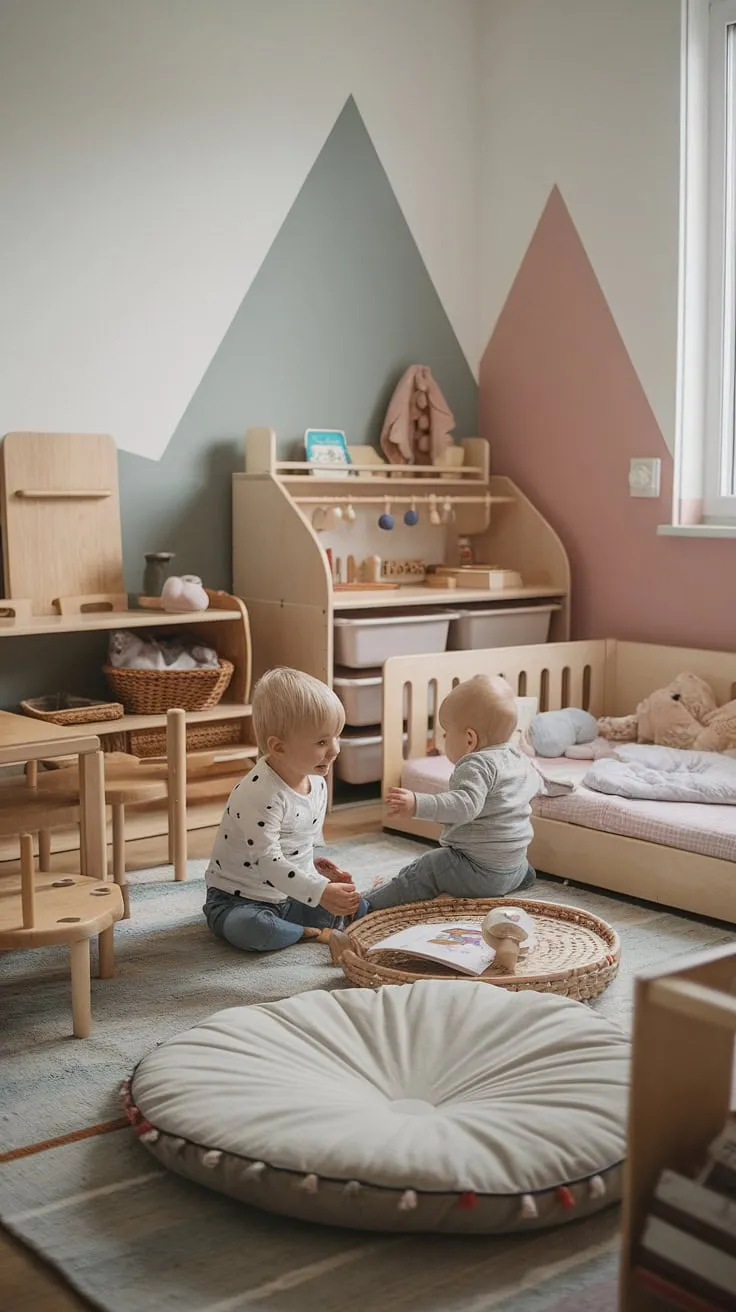In this cozy Scandinavian-style Montessori nursery, two young siblings discover the joy of independent play. The thoughtfully designed space, filled with natural light and child-friendly elements, encourages exploration and learning through play. A testament to the power of creating a calm and stimulating environment for early childhood development, this room is a true reflection of family life.