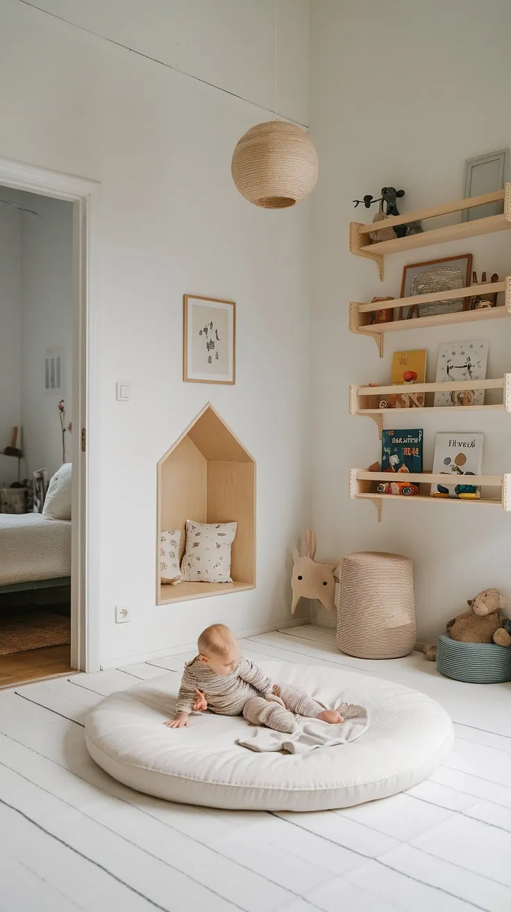 A thoughtfully designed space where childhood unfolds: This one-year-old's Montessori bedroom seamlessly blends Scandinavian simplicity with a child-led learning environment. The low-to-the-ground furniture, open shelving, and dedicated reading nook encourage exploration and self-sufficiency. A calming sanctuary for both child and parent, with easy access between the child's room and the adult's space.