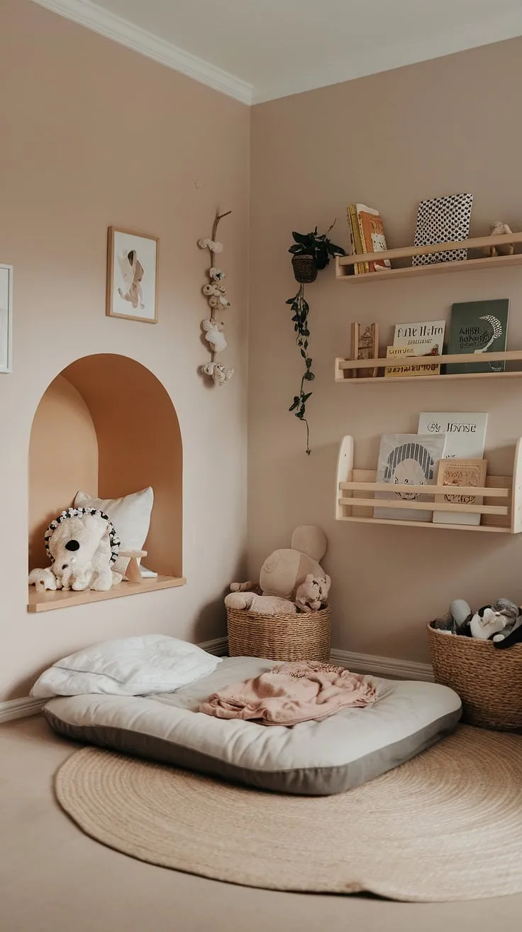 Soft hues and natural materials define this thoughtfully designed Montessori bedroom for a one-year-old. The accessible floor bed, dedicated reading area, and carefully curated toys foster a sense of calm and encourage self-directed play, creating a truly child-centered space.