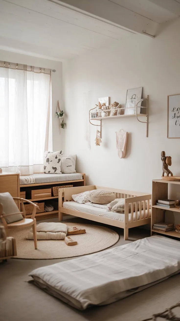 This compact yet spacious nursery perfectly balances the needs of two siblings and their parents. The minimalist Scandinavian design, incorporating a Montessori approach, encourages independence and imaginative play. The thoughtful inclusion of both a toddler bed and a floor bed, along with a cozy reading nook, creates a shared space that feels both calming and stimulating. Natural light and simple wooden furniture complete this harmonious family haven.