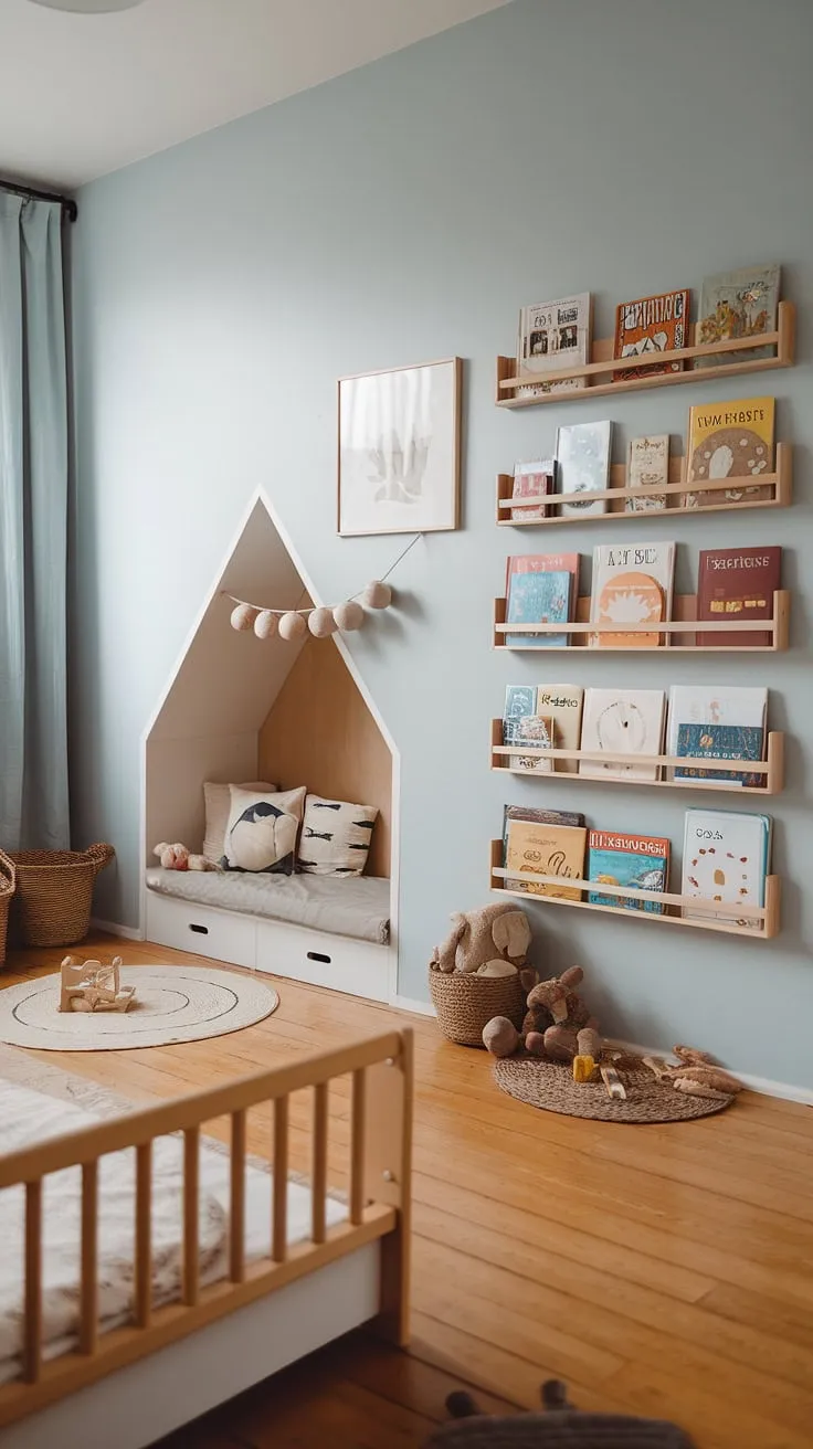 A haven of calm and learning, this Scandinavian-style Montessori nursery for our one-year-old fosters independence and a love of reading. The natural light, soft textures, and thoughtfully chosen toys create a space where exploration and development flourish. Every detail, from the wooden bed to the colorful books, is designed to nurture their growth.