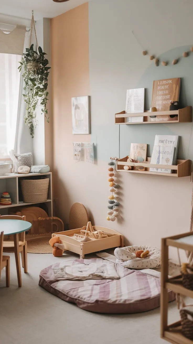 This shared nursery embraces the Montessori philosophy with a cheerful Scandinavian twist. A floor bed, cozy reading nook, and carefully curated toys encourage exploration and development in a space designed for both a one-year-old and their sibling. A beautiful blend of functionality and child-centered design.