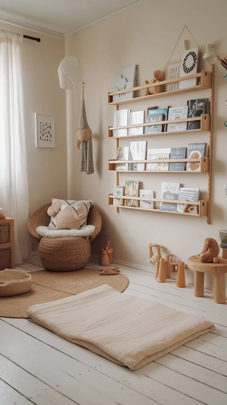 A haven of calm and learning, designed for our little one's exploration. The simple elegance of Scandinavian design creates a nurturing space where curiosity thrives, fostering independence and a love of reading from day one. A perfect blend of Montessori principles and cozy comfort.
