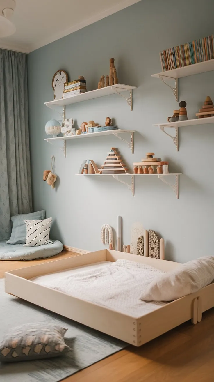 A haven of calm and learning, this Scandinavian-style Montessori nursery nurtures a child's natural curiosity with thoughtfully chosen toys and a serene atmosphere. The floor bed, white shelving, and soft blue walls create a space where imagination can flourish.