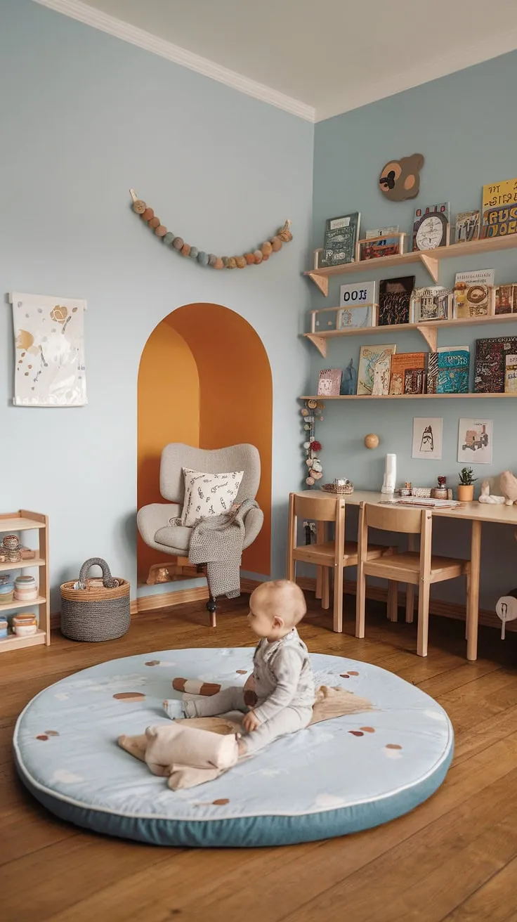 Soft blue walls and natural light bathe this shared Montessori nursery, creating a peaceful atmosphere for siblings to learn and grow. The thoughtfully designed space features a floor bed for restful sleep, a dedicated reading nook filled with colorful books, and a small desk and chairs for focused play and learning. A testament to the power of simple, functional design, this room nurtures independence and a love of learning in a beautifully calming environment.