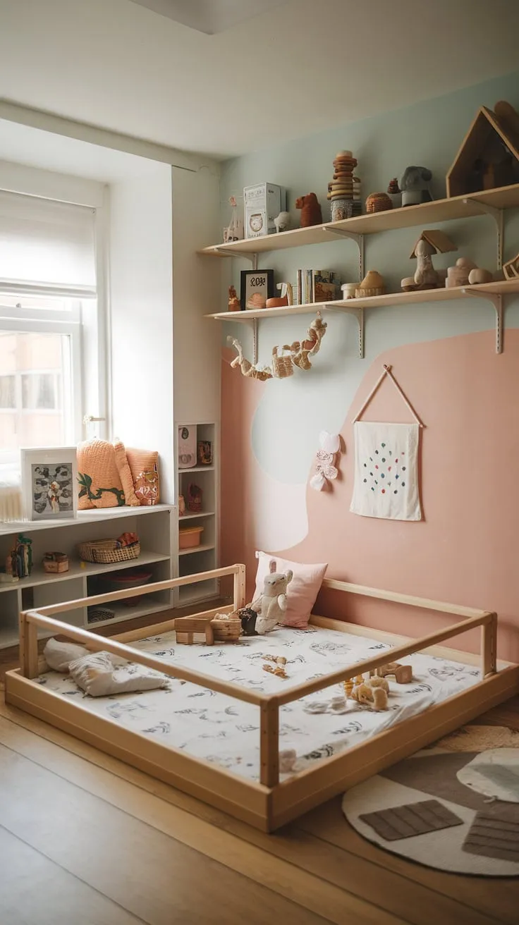 This compact yet cleverly designed Montessori nursery showcases the beauty of shared spaces. A low floor bed with a safety rail, vibrant toys neatly arranged on open shelves, and a dedicated reading nook all contribute to a stimulating and peaceful environment. The Scandinavian aesthetic, with its soft pastel hues and natural light, creates a calming atmosphere perfect for a one-year-old and their sibling, demonstrating that small family living can be both stylish and functional.