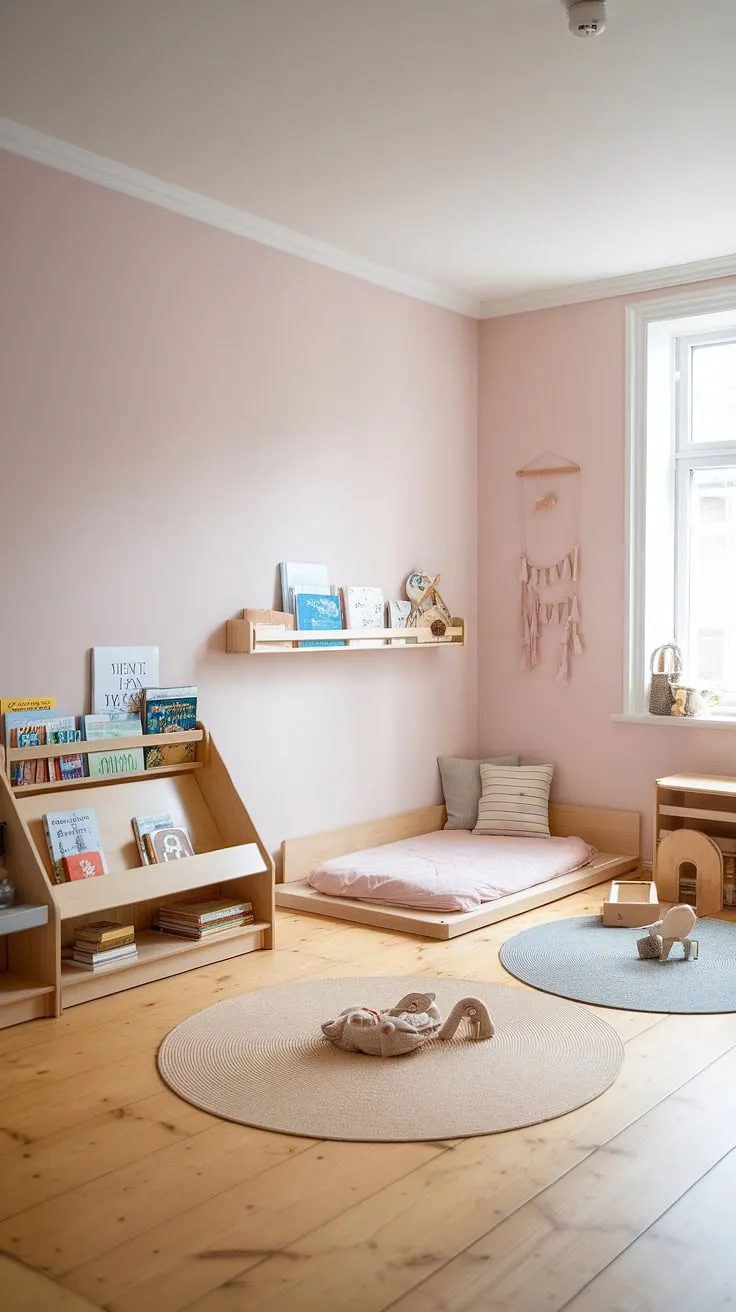 A haven of calm and learning: this Scandinavian-inspired Montessori bedroom nurtures independence and creativity, with a low bed, accessible bookshelves, and a cozy reading nook, all bathed in soft, natural light. The child's world, thoughtfully designed for exploration and growth.