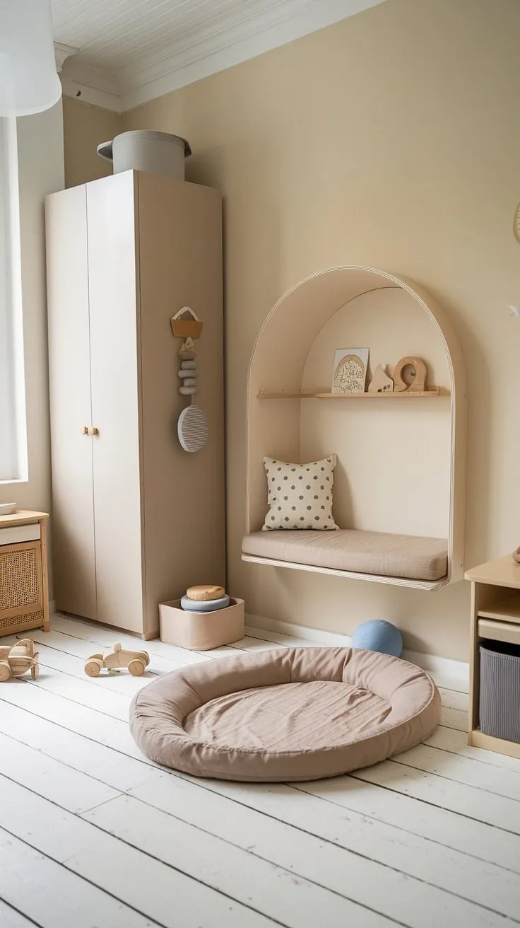 A haven of calm and playful learning, designed for little ones to explore and grow. The soft textures, natural light, and thoughtfully chosen Montessori-inspired elements create a space where independence and imagination flourish. This Scandinavian-style bedroom nurtures a child's development, fostering a love of learning and a sense of peace.