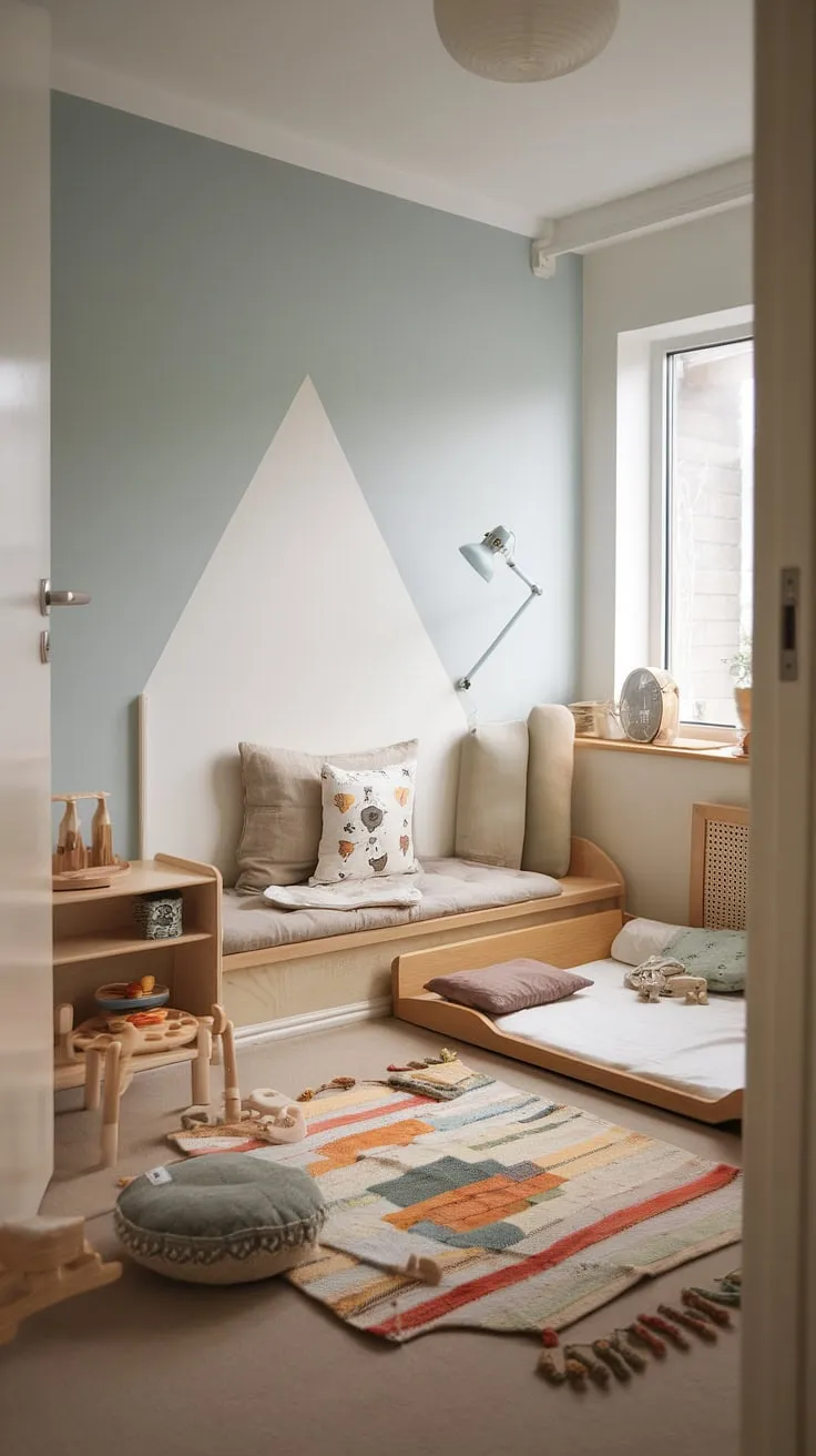 Soft blue walls and natural wood create a serene atmosphere in this charming Montessori-inspired toddler bedroom. The low bed, carefully selected toys, and dedicated reading area nurture a child's development, offering a space for both quiet contemplation and imaginative play. A beautiful example of minimalist design meeting childhood wonder.