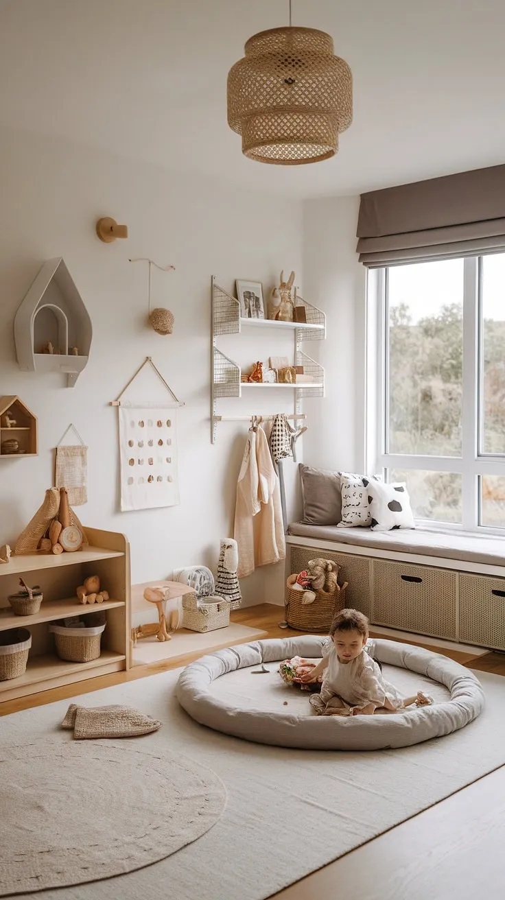 This shared bedroom is a testament to the beauty of simple, functional design. Inspired by Montessori principles and Scandinavian aesthetics, it offers a calming space for two siblings to thrive. From the toddler's floor bed to the open shelves showcasing their treasured possessions, every element is carefully considered to foster independence, creativity, and a love of learning. The natural light and connection to the outdoors enhance the room's tranquil ambiance.