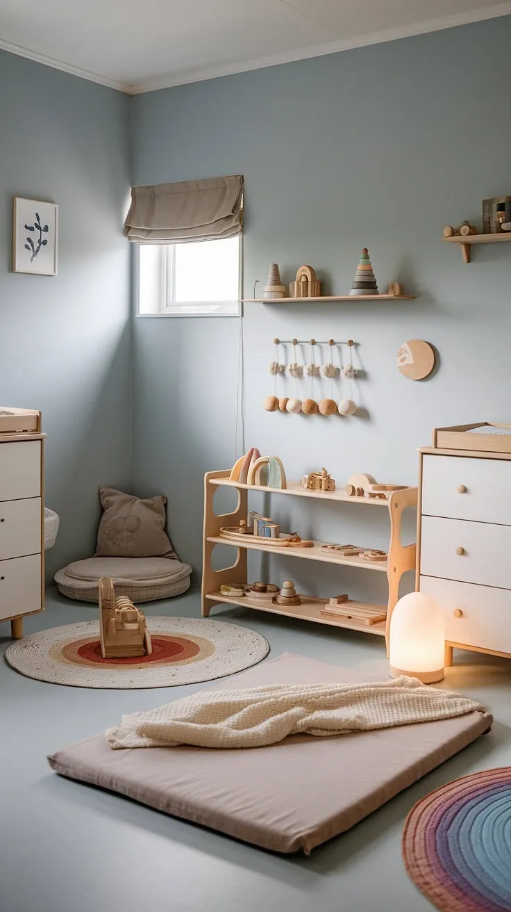 A haven of calm and learning, this Scandinavian-style Montessori nursery for our one-year-old fosters independence and exploration. The soft textures, natural light, and thoughtfully chosen toys create a space where curiosity thrives. Every detail, from the floor bed to the curated play area, is designed to nurture their development.