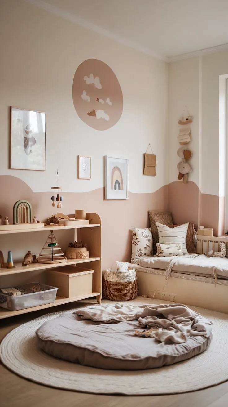A haven of calm and learning, designed for independent exploration. This Scandinavian-style Montessori nursery nurtures a love of play and discovery, fostering a sense of wonder in every detail. The thoughtfully curated space, with its low floor bed, accessible toys, and cozy reading nook, supports the natural development of a one-year-old, creating a truly nurturing environment. A sense of peace and quiet pervades the room, allowing for focused play and restful sleep.
