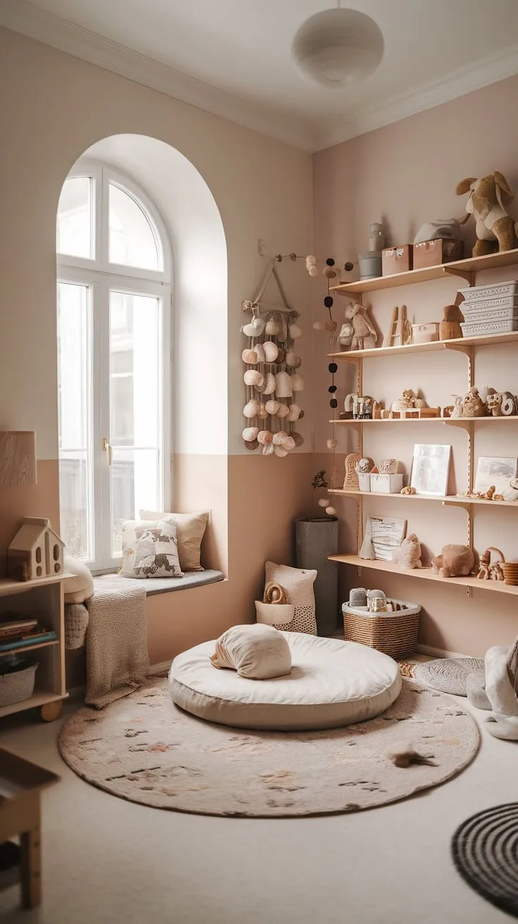 Simple, serene, and perfectly sized for a one-year-old's world: this Montessori nursery embraces the Scandinavian aesthetic. The floor bed, open shelving, and cozy reading nook encourage self-directed play and learning, creating a space that is both stimulating and calming. A testament to the power of mindful design.